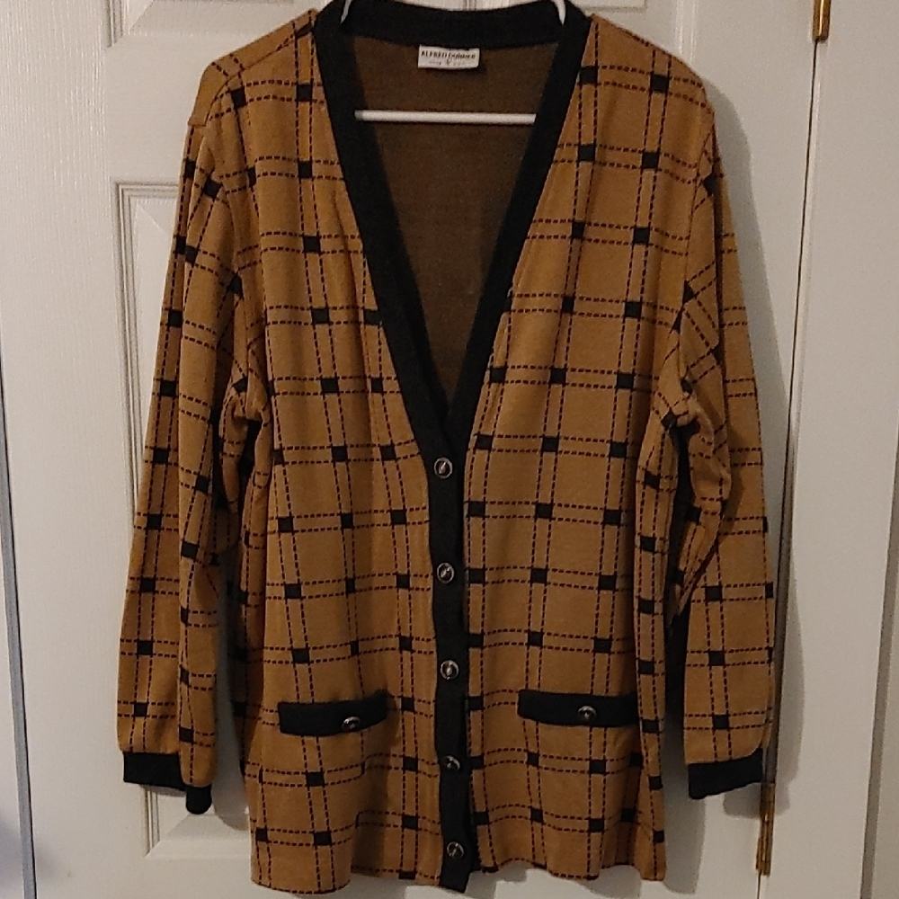 Vintage Button Up Cardigan Sz Large Black Trim Classic Checkered Retro Pattern